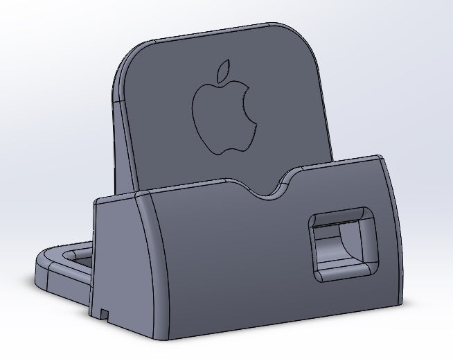 iPhone6- ja 6 Plus -latausteline, jossa on kaiutinsarvi ja säädettävä kaapelin reititys.
