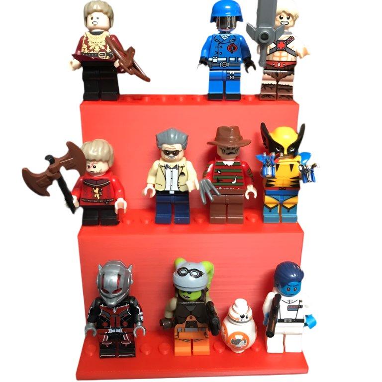 3-tasoinen Lego minifiguurien pidike