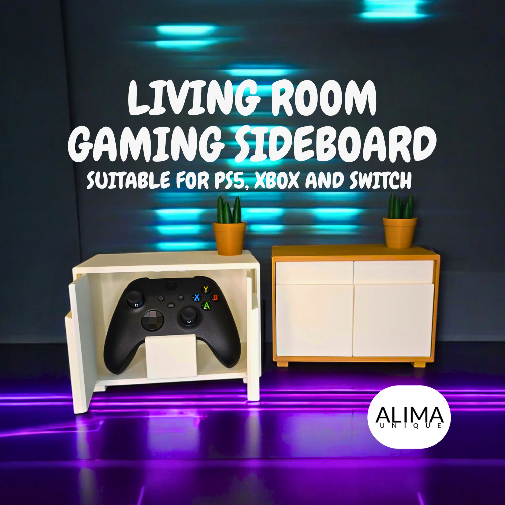 Moderni pelikonsolipöytä olohuoneeseen - PS5-, Xbox- ja Switch-ohjainten järjestäminen