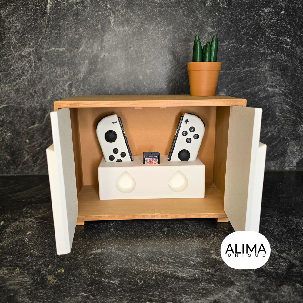 Moderni pelikonsolipöytä olohuoneeseen - PS5-, Xbox- ja Switch-ohjainten järjestäminen