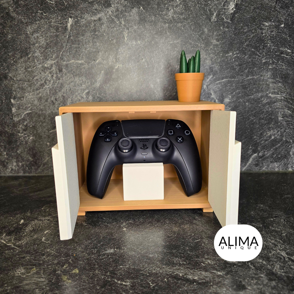 Moderni pelikonsolipöytä olohuoneeseen - PS5-, Xbox- ja Switch-ohjainten järjestäminen