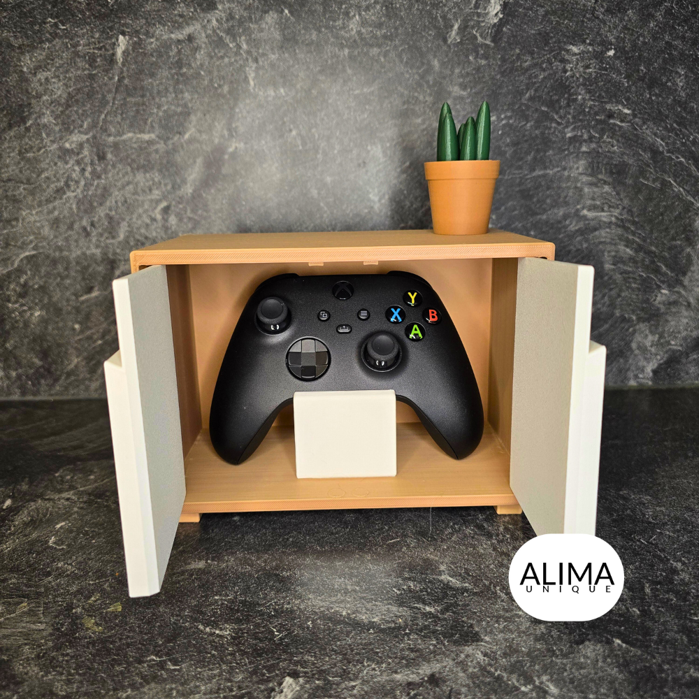 Moderni pelikonsolipöytä olohuoneeseen - PS5-, Xbox- ja Switch-ohjainten järjestäminen