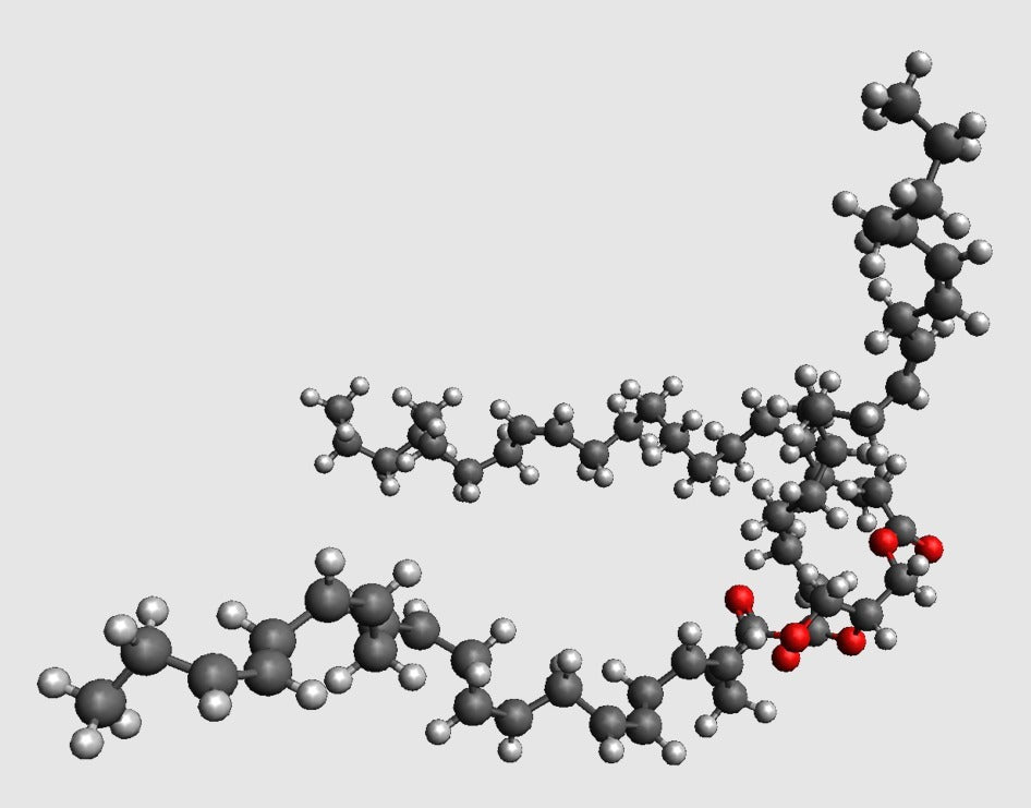 Triasyyliglyserolin molekyylimalli atomisessa mittakaavassa