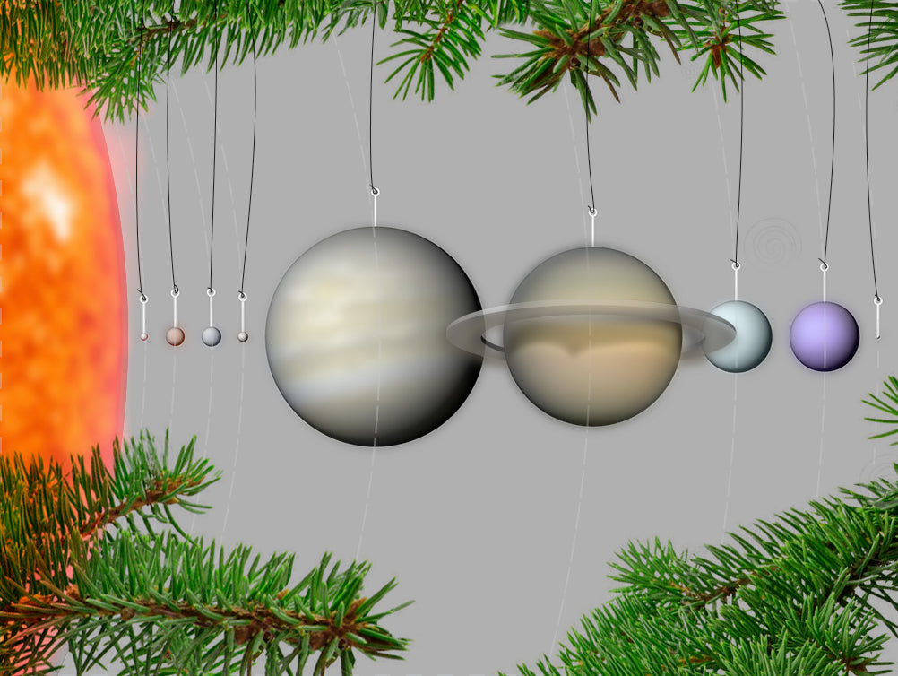 Planeettajärjestelmämme pienoismalleja joulukuusenkoristeina